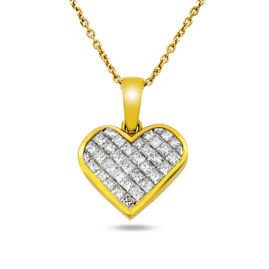 18K Yellow Gold Princess Cut Diamond Heart Necklace 2.95ct
