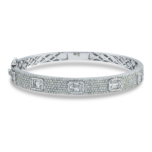 14K White Gold Baguette & Round Diamond Bangle Bracelet 3.30ct
