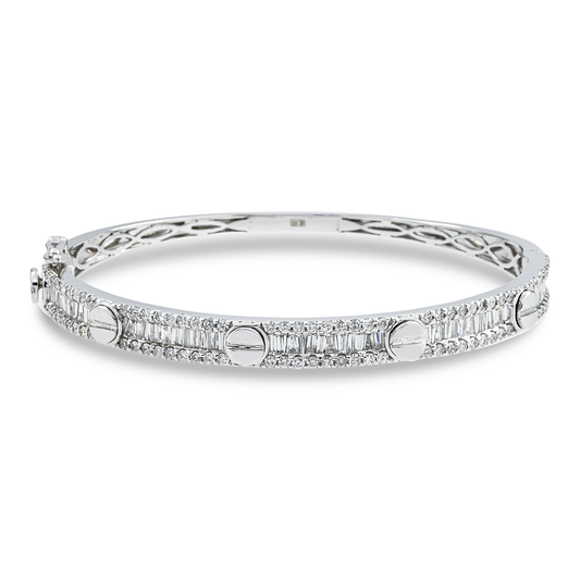 14K White Gold Round & Baguette Diamond Bangle 2.65ct
