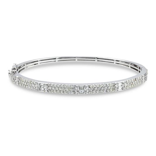 14K White Gold Round & Emerald Cut Diamond Bangle Bracelet 2.0ct