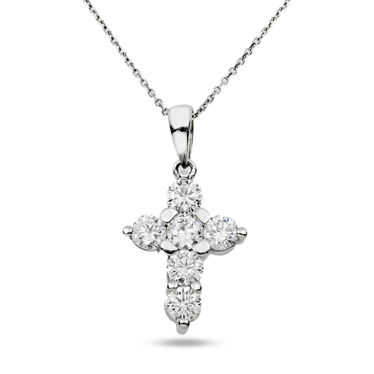 14K White Gold Round Diamond Cross Pendant & Chain Necklace