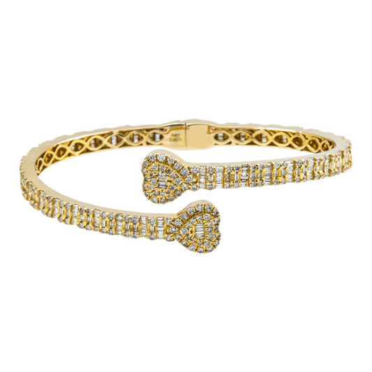 14K Yellow Gold Baguette & Round Diamond Heart Bangle Bracelet 4.50ct