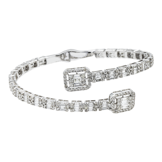 14K White Gold Baguette & Round Diamond Bangle Bracelet 6.40ct