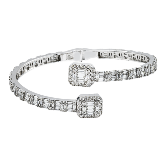 14K White Gold Baguette & Round Diamond Bangle Bracelet 7.05ct