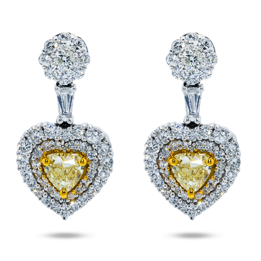14K White Gold Heart Cut Fancy Yellow Diamond 3.25Ctw Earrings