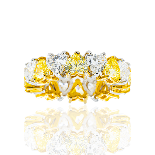 14K Two Tone Heart Cut Fancy Yellow & White Diamond Eternity Ring 8.14ct (Size 6.25)
