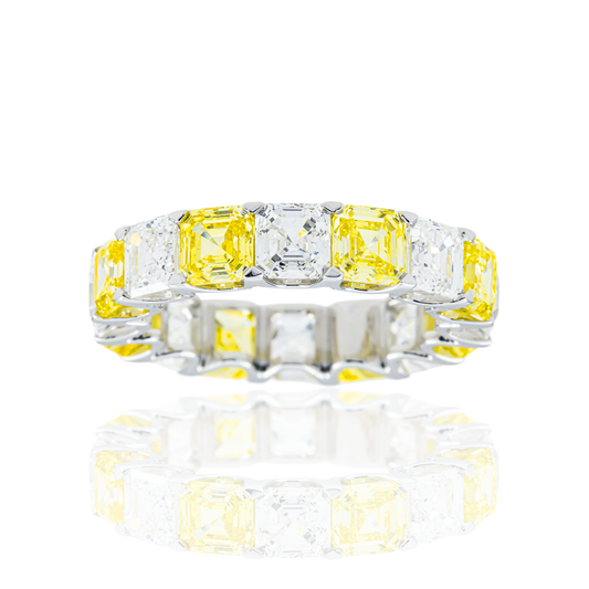 14K White Gold Asscher Cut Fancy Yellow & White Diamond Eternity Ring 8.21ct (Size 6.5)