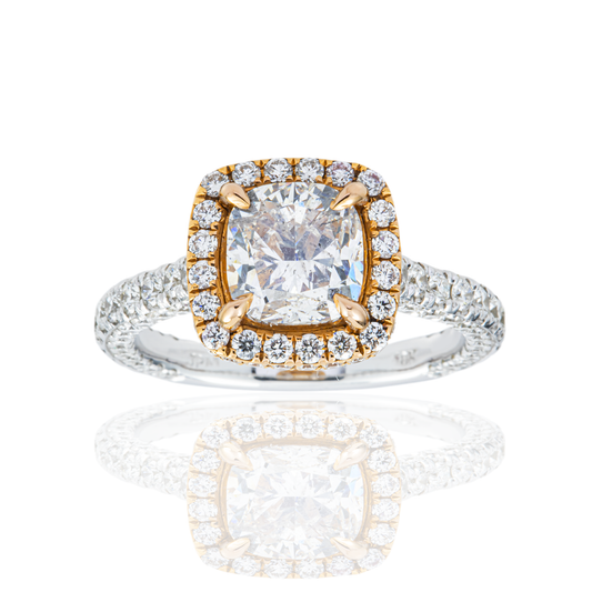 18K Two Tone Rose Gold 2.0ct Cushion Cut Diamond Engagement Ring 3.60ctw