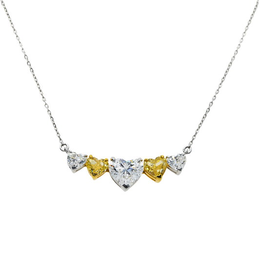 14K Two Tone Heart Cut White & Fancy Yellow Diamond Bar Necklace 3.20Ct Necklace