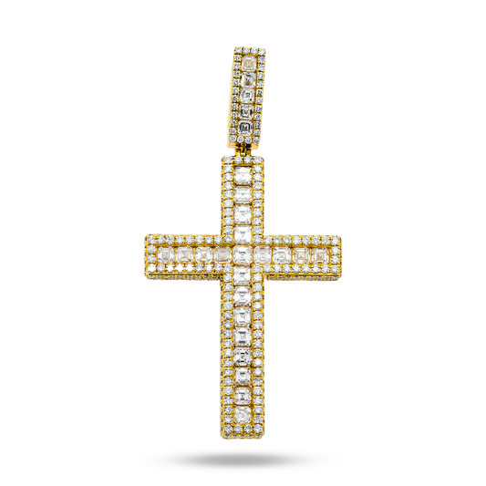 14K Yello2W Gold Triple Sided Round & Asscher Cut Diamond Cross Pendant 9.54Ct