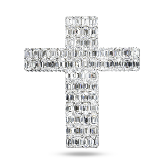 14K White Gold Emerald Cut Diamond Cross Pendant 27.97Ct