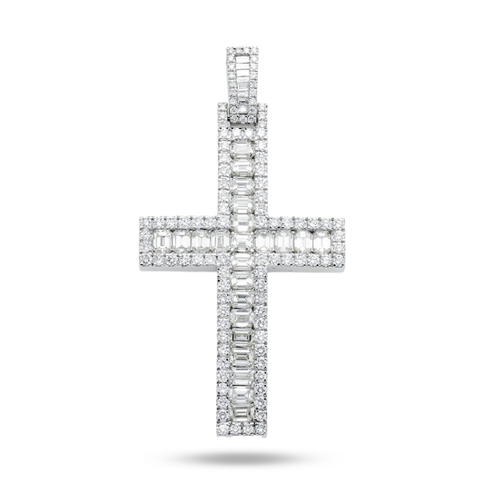 14K White Gold Round & Emerald Diamond Cross Pendant 6.96Ct