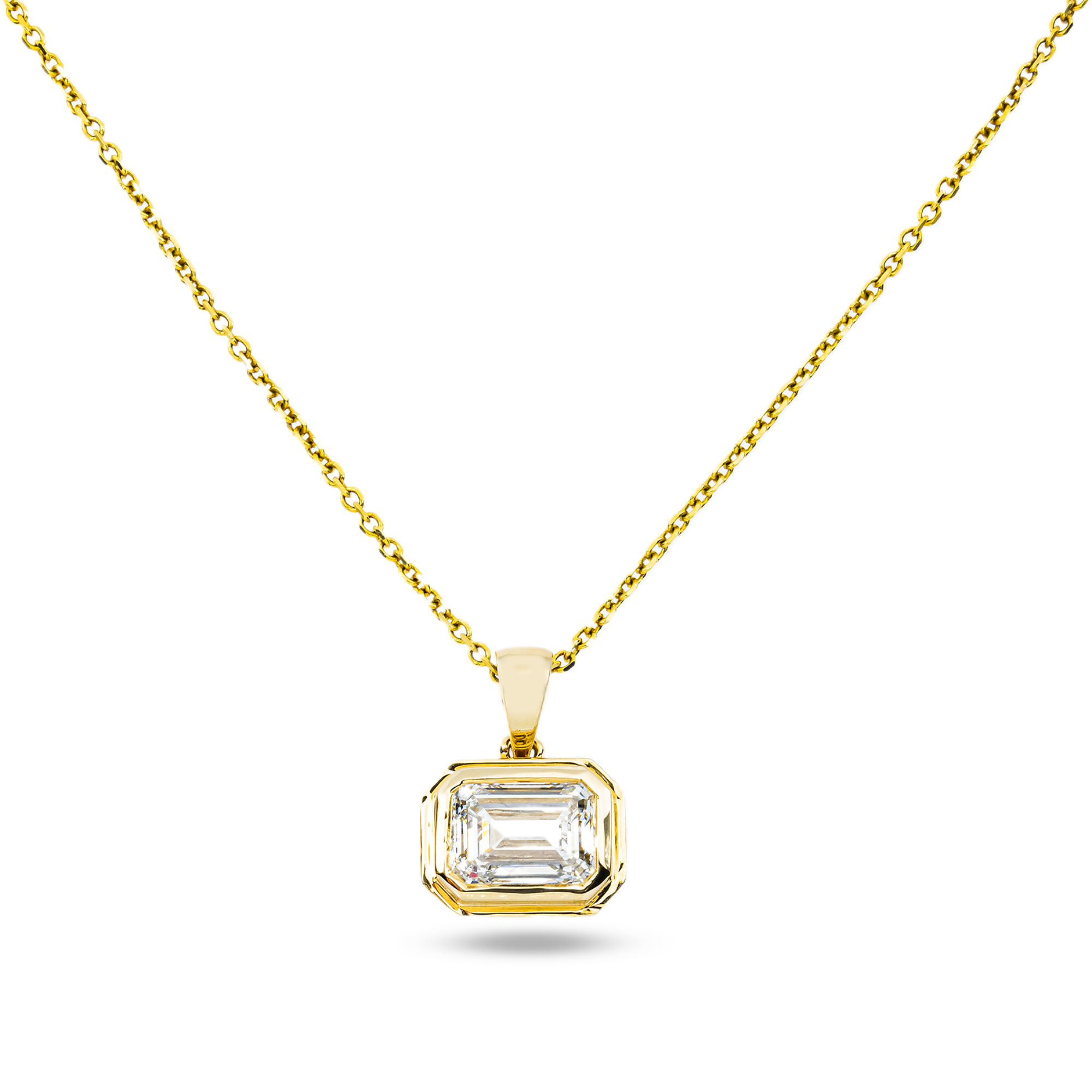 14K Yellow Gold Bezel Set Solitaire Emerald Cut Diamond Necklace