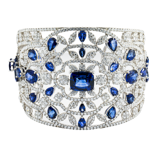 14K White Gold Round Diamond & Multi Cut Sapphire Cuff Bangle Bracelet 56.37ctw