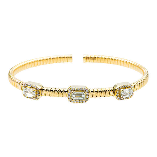 14K Yellow Gold Emerald Cut Diamond Satellite Bangle Bracelet 1.71ct