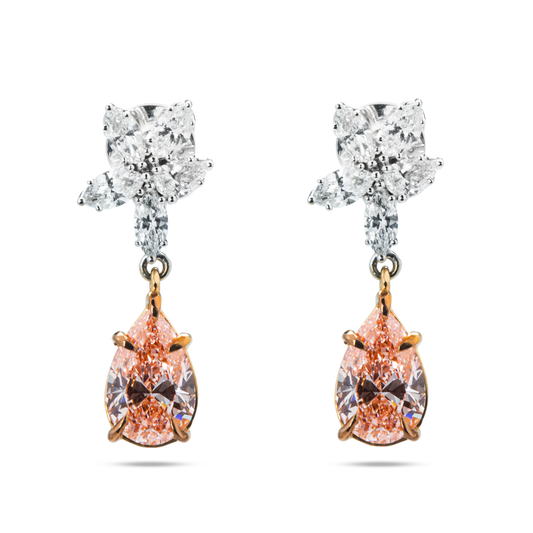18K White Gold Pear Cut Pink Vivid Diamond Mini Flower Drop Earrings 4.17Ctw Bridal