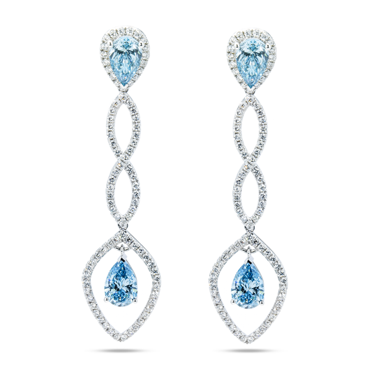 18K White Gold Pear Cut Fancy Vivid Blue Diamond Drop Earrings 5.50Ctw