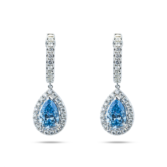 18K White Gold Pear Cut Fancy Vivid Blue Diamond Teardrop Earrings 2.95Ctw