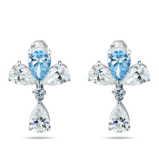 18K White Gold Pear Cut Fancy Vivid Blue Diamond Drop Earrings 9.06Ctw