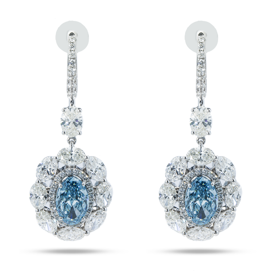 14K White Gold Oval Cut Fancy Vivid Blue Diamond Drop Earrings 12.59Ctw