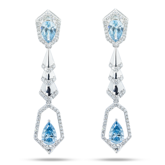 18K White Gold Pear Cut Fancy Vivid Blue Diamond Geometric Drop Earrings 5.59Ctw