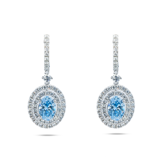 18K White Gold Oval Cut Fancy Vivid Blue Diamond Drop Earrings 3.29Ctw