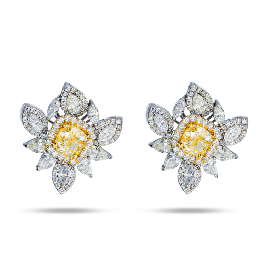 14K White Gold Cushion Cut Fancy Yellow Diamond Stud Earrings 5.16Ctw