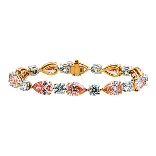 IGI Platinum & 18K Rose Gold Pear Cut Fancy Pink & Round Diamond Bracelet 26.11ct