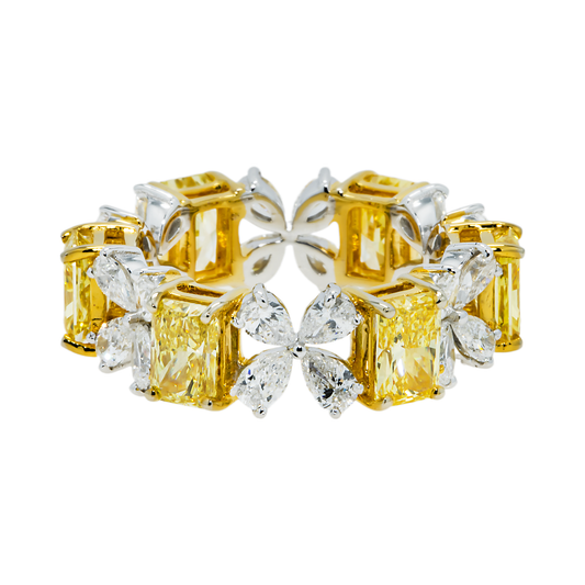 14K Two Tone Fancy Yellow Radiant & Pear Cut Diamond Blooming Eternity Ring 5.68ct