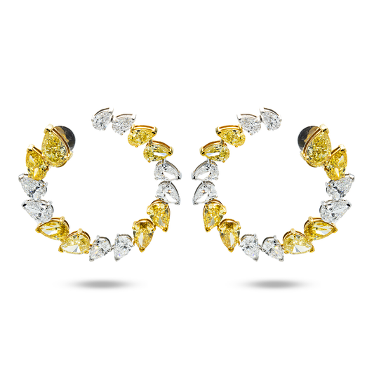 IGI 14K Two Tone Pear Cut White & Fancy Yellow Diamond Open Hoop Earrings 14.66ctw