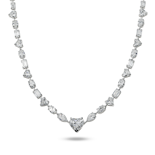 IGI 14K White Gold Heart, Oval & Emerald Cut Diamond Necklace 42.56ct