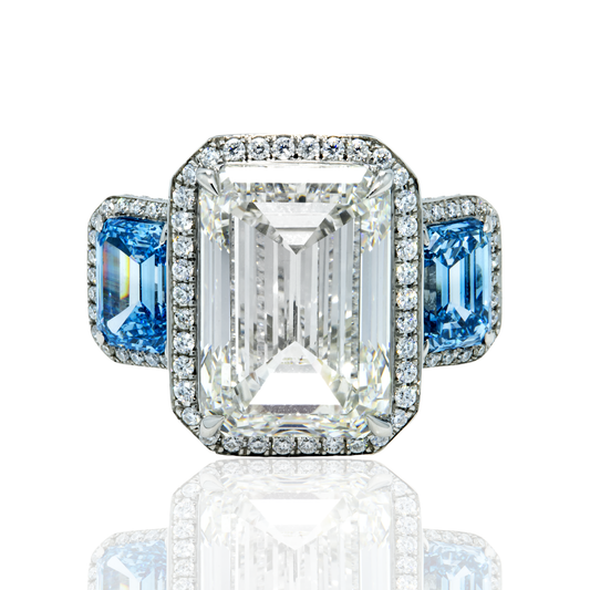 Platinum 10.0ct Emerald Cut White & Fancy Blue Triple Diamond Ring 13.83ctw