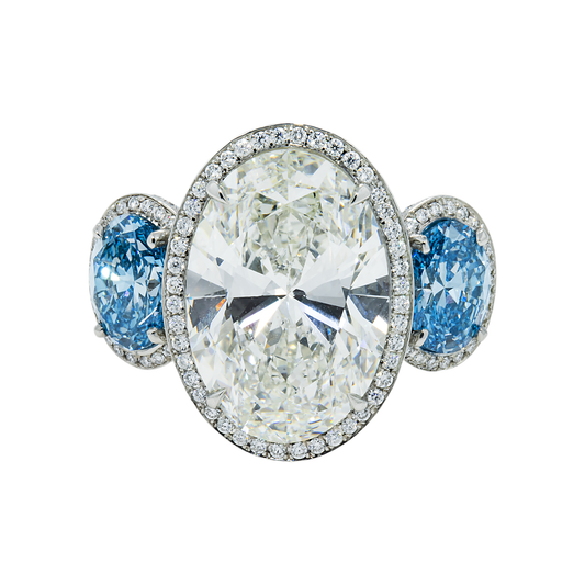 Platinum 13.14ct Oval Cut White & Fancy Blue Triple Diamond Ring 18.15ctw