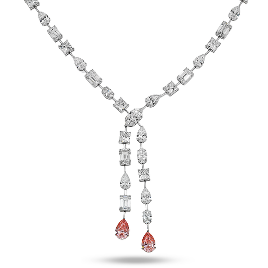 18K White Gold Multi Cut White & Fancy Vivid Pink Diamond Double Drop Necklace