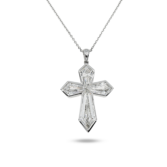 14K & 18K White Gold Step Cut Kite Diamond Cross Pendant & Chain Necklace