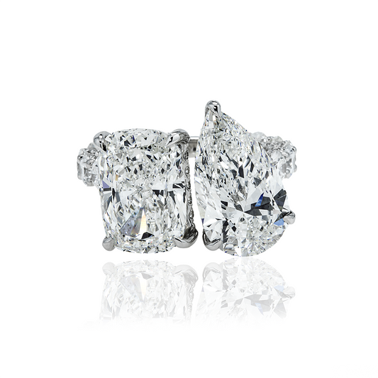 18K White Gold Cushion & Pear Cut Diamond Engagement Ring 12.99Ctw Bridal