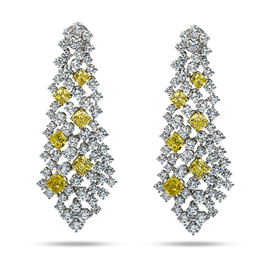 18K White Gold Round & Cushion Cut Fancy Yellow Diamond Chandelier Drop Earrings15.0Ct Earrings