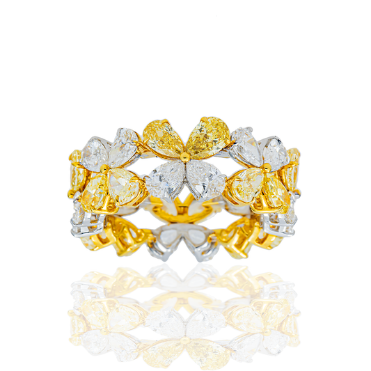 14K Two Tone Pear Cut Fancy Yellow & White Diamond Flower Eternity Ring 6.38ct