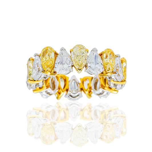 14K Two Tone Pear Cut Fancy Yellow & White Diamond Eternity Ring 8.31ct
