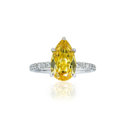 18K White Gold 3.05Ct Pear Cut Fancy Vivid Yellow Diamond Engagement Ring 3.60Ctw Bridal