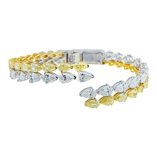 14K Two Tone Fancy Yellow & White Pear Diamond Bangle Bracelet 20.54ct