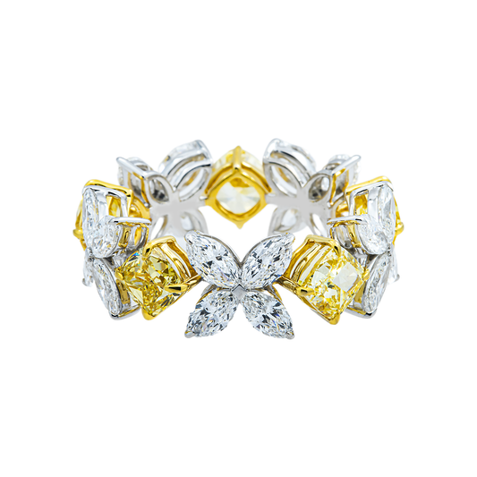 14K Two Tone Multi Cut Fancy Yellow & White Diamond Eternity Ring 6.49ct