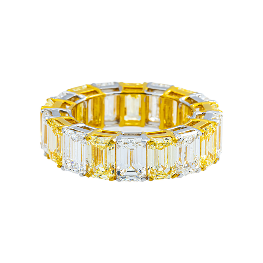 14K Two Tone Emerald Cut Fancy Yellow & White Diamond Eternity Ring 11.73ct