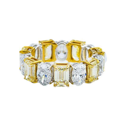 14K Two Tone Multi Cut Fancy Yellow & White Diamond Eternity Ring 8.16ct (Size 6)