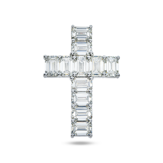 14K White Gold Emerald Cut Diamond Cross Pendant 8.39ct