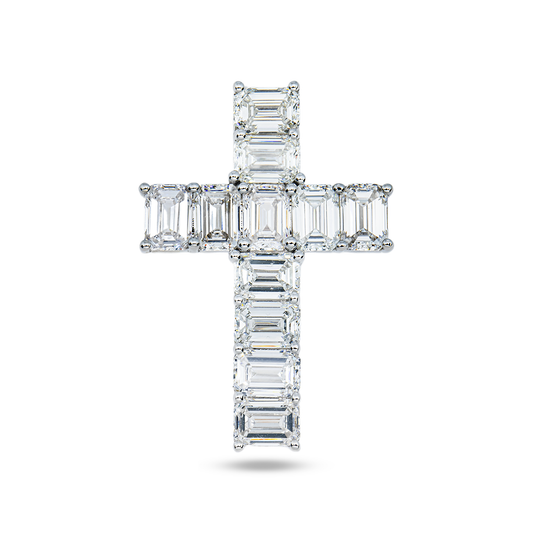 14K White Gold Emerald Cut Diamond Cross Pendant 5.51ct
