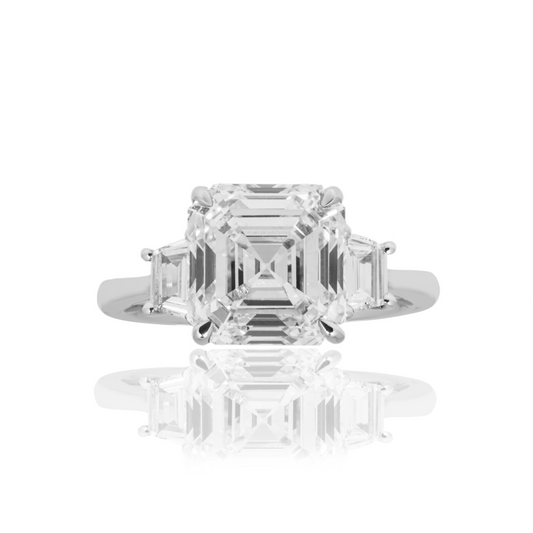 18K White Gold 4.53Ct Asscher Cut Triple Diamond Engagement Ring 4.97Ctw Bridal