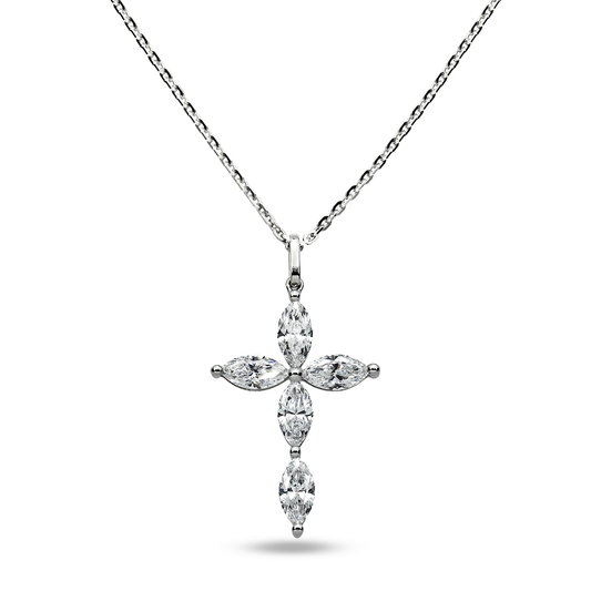 White Gold Marquise Cut Diamond Cross Pendant & Chain Necklace 1.48ct