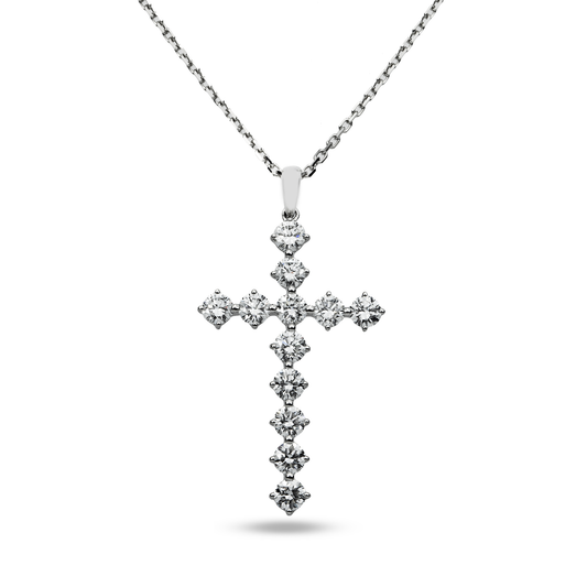 White Gold Round Diamond Cross Pendant & Chain Necklace 1.47ct