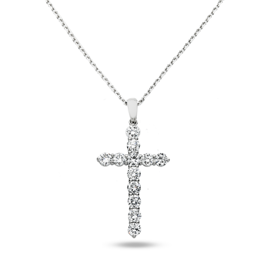 White Gold Round Diamond Cross Pendant & Chain Necklace 1.12ct